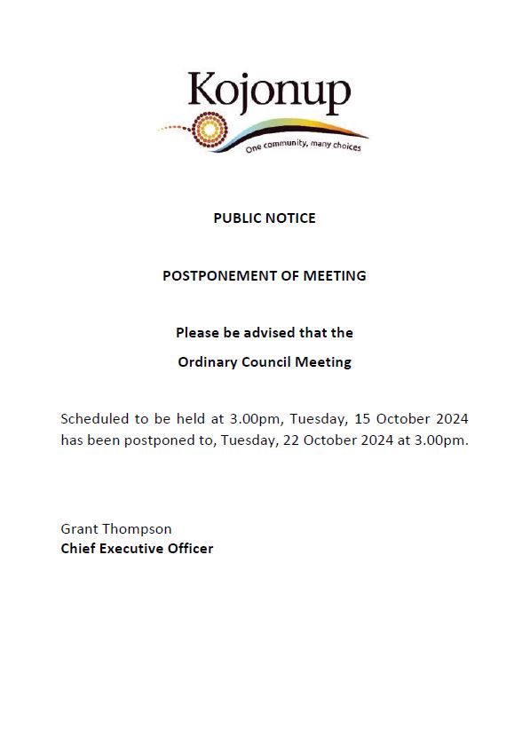 October 15 Ordinary Council Meeting Postponed to 22 October 2024